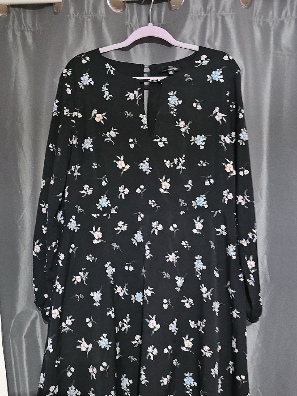 Suzanne Betro Black Floral Dress with Blue and Cream Accents